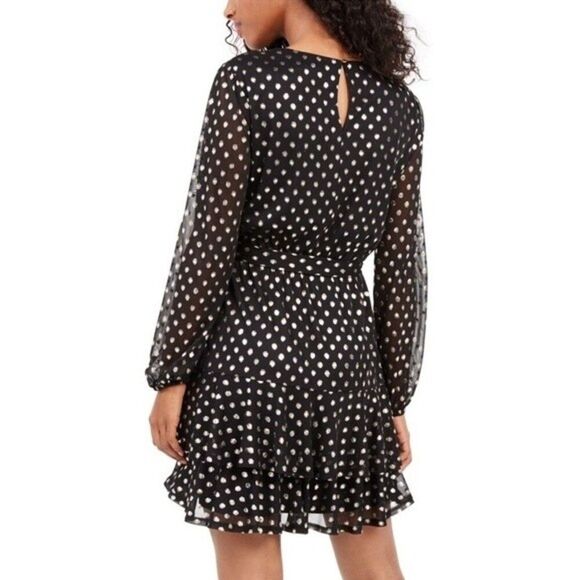 NWT City Studio Black & Metallic Gold Polka Dots Ruffled Fit & Flare Dress Black - Picture 3 of 16